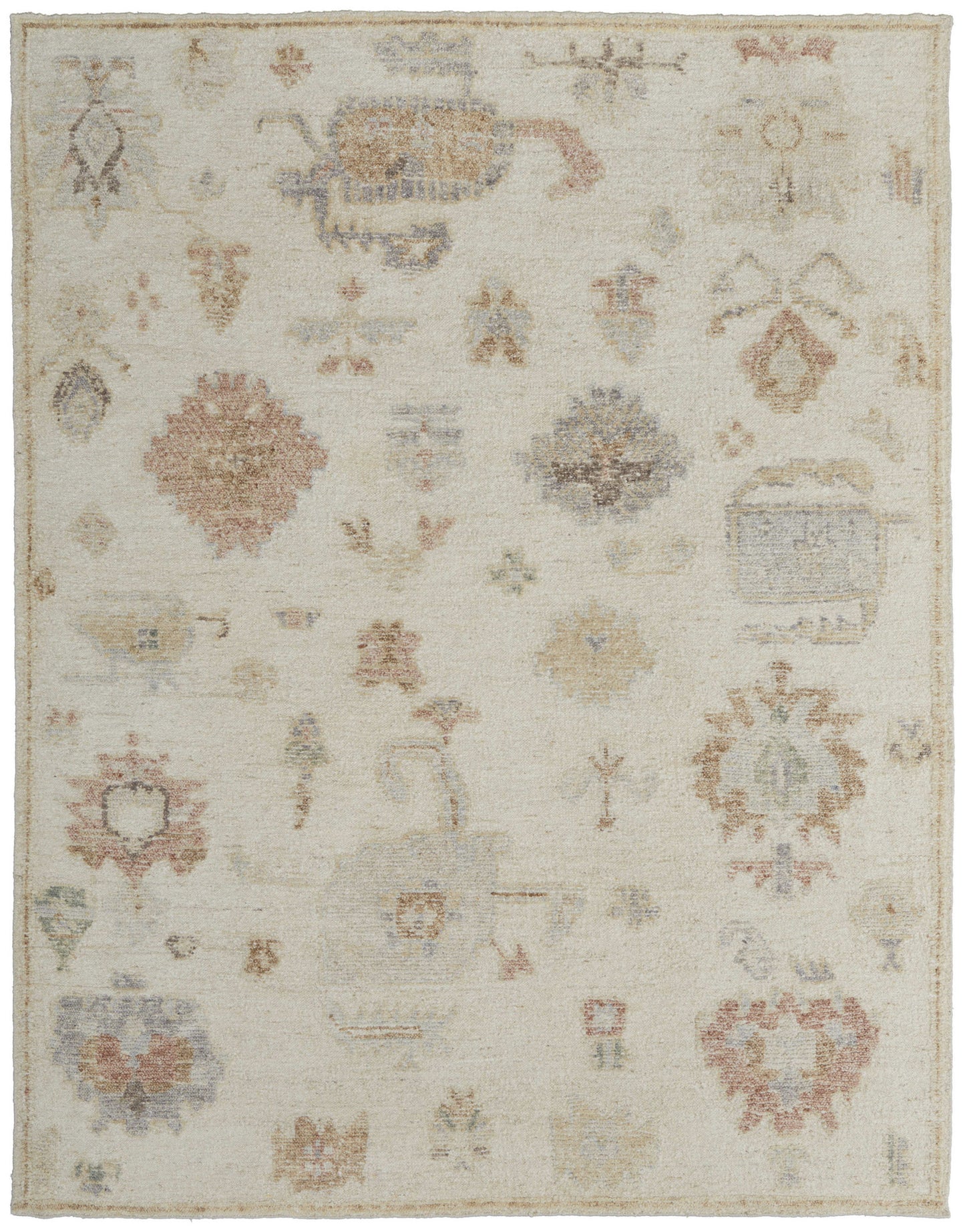 8 x 10 Ivory Tan & Gray Wool Floral Hand Knotted Rug
