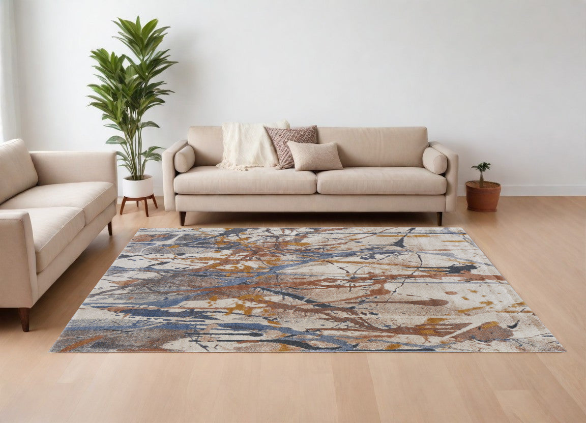 8 x 10 Ivory Blue & Brown Power Loom Rug
