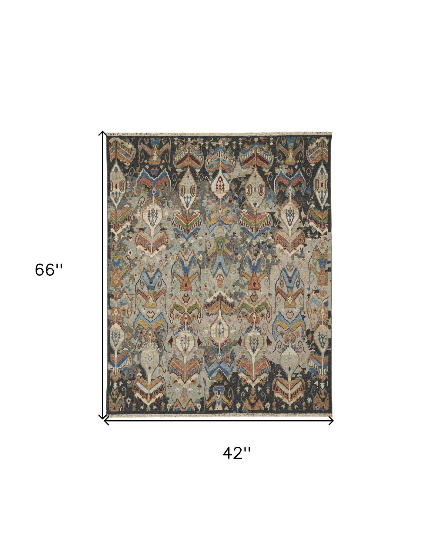 4 x 6 Blue Gray & Brown Wool Ikat Hand Knotted Rug With Fringe