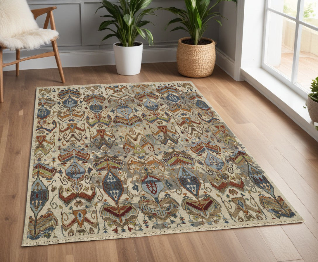 4 x 6 Ivory Blue & Brown Wool Ikat Hand Knotted Rug With Fringe