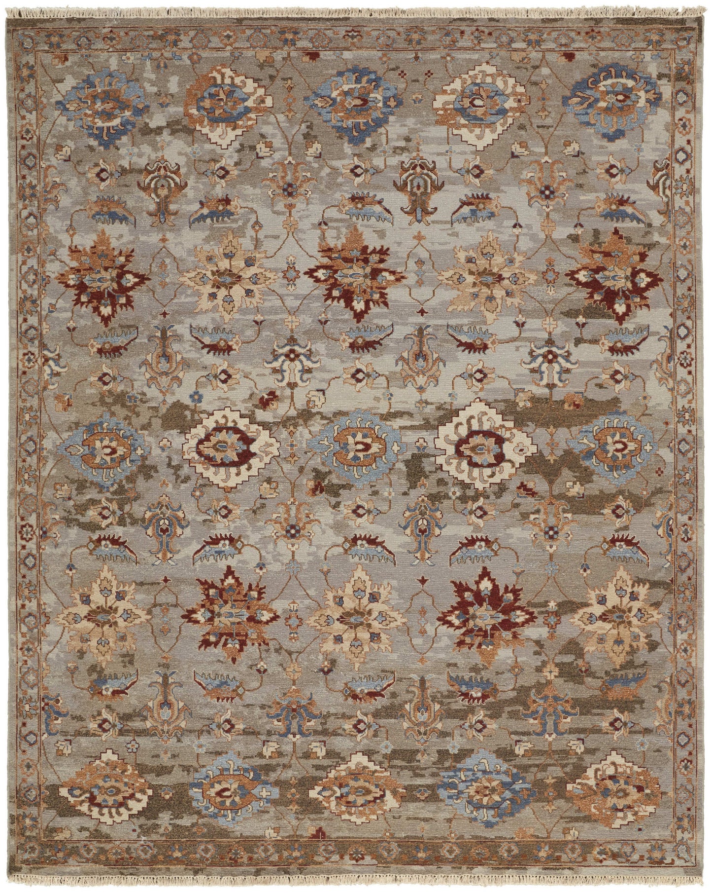 4 x 6 Tan Brown & Gray Wool Floral Hand Knotted Rug With Fringe