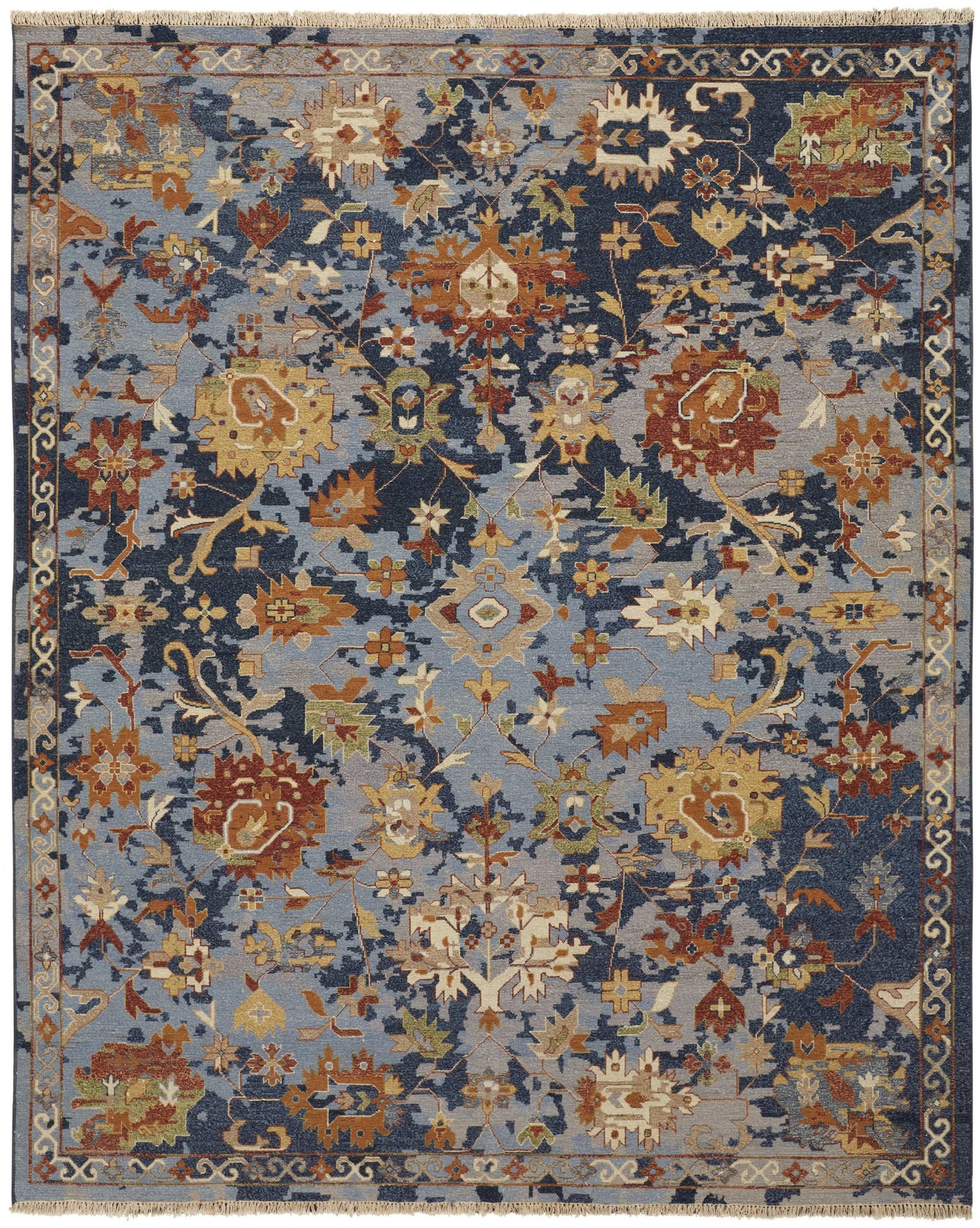 4 x 6 Blue Gray & Red Wool Floral Hand Knotted Rug With Fringe