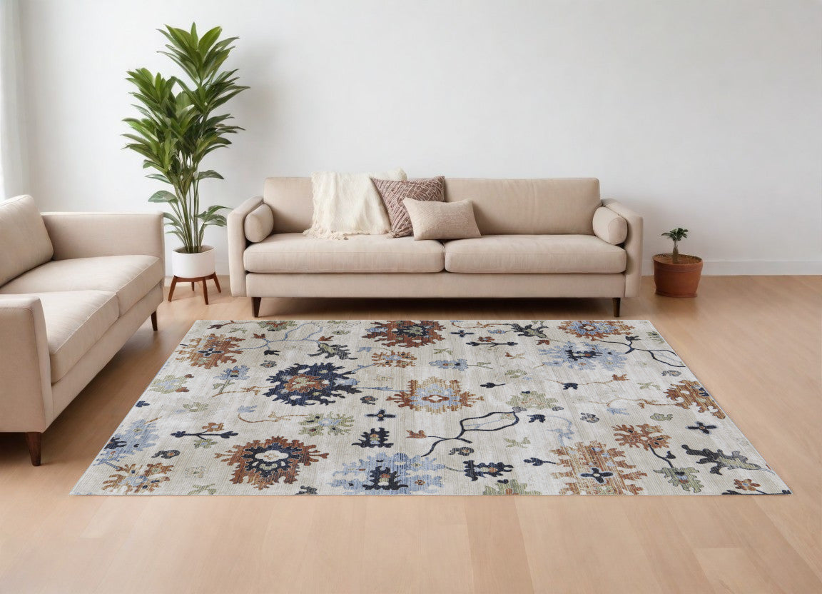 8 x 10 Ivory Red & Blue Floral Power Loom Rug