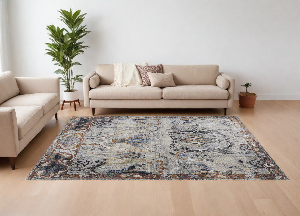 8 x 10 Gray Black & Red Ikat Power Loom Rug