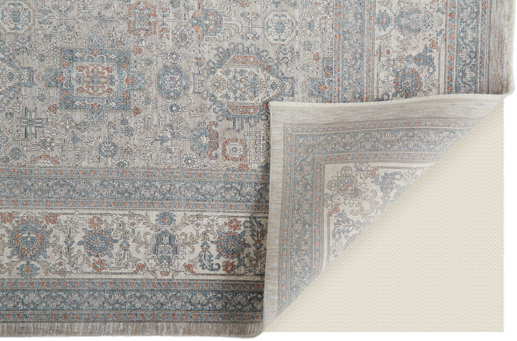 5 x 7 Silver Taupe & Blue Oriental Power Loom Rug With Fringe