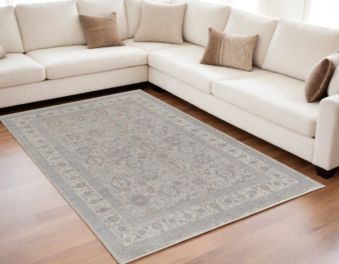 5 x 7 Silver Taupe & Blue Oriental Power Loom Rug With Fringe