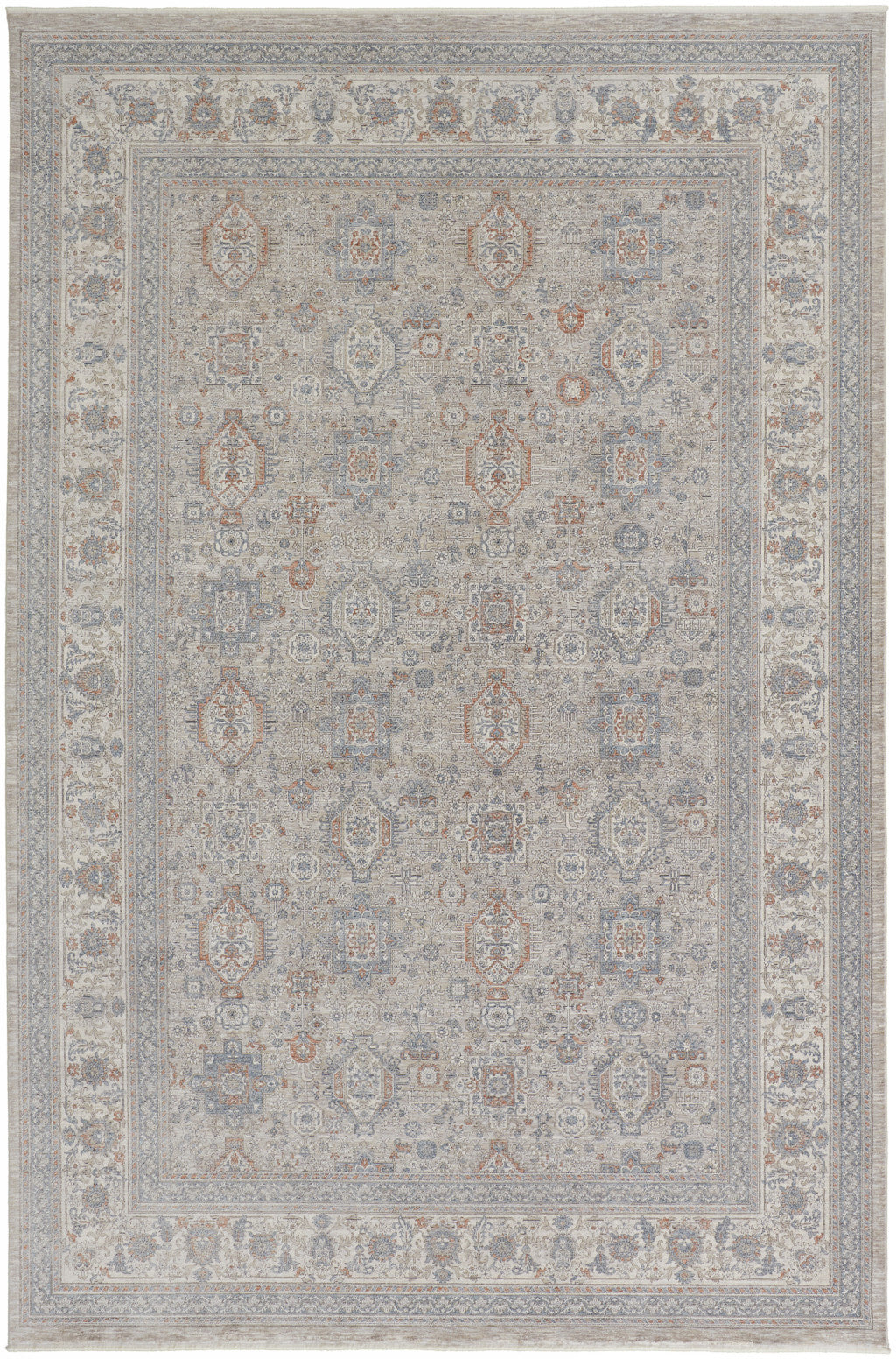 5 x 7 Silver Taupe & Blue Oriental Power Loom Rug With Fringe