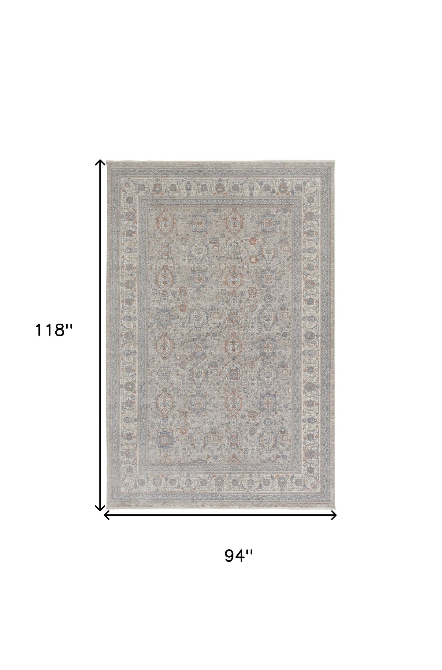 8 x 10 Silver Taupe & Blue Oriental Power Loom Rug With Fringe