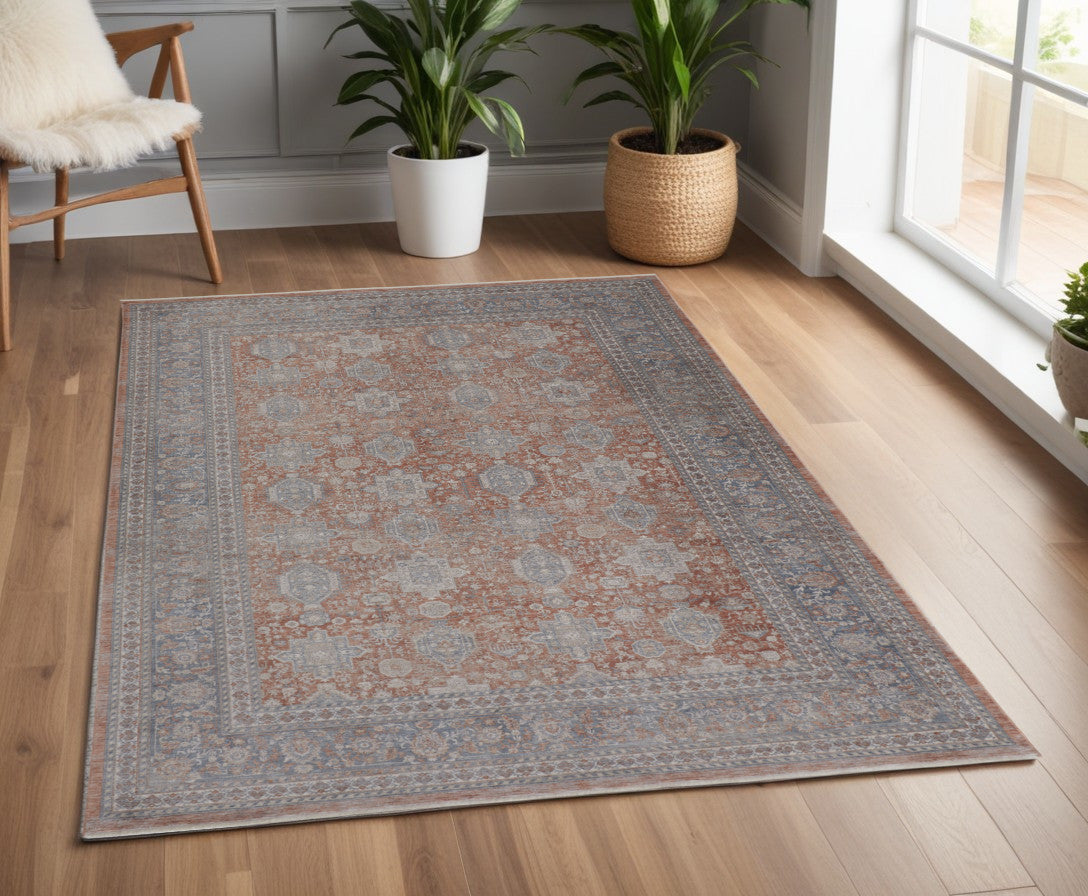 5 x 7 Blue & Red Oriental Power Loom Rug With Fringe
