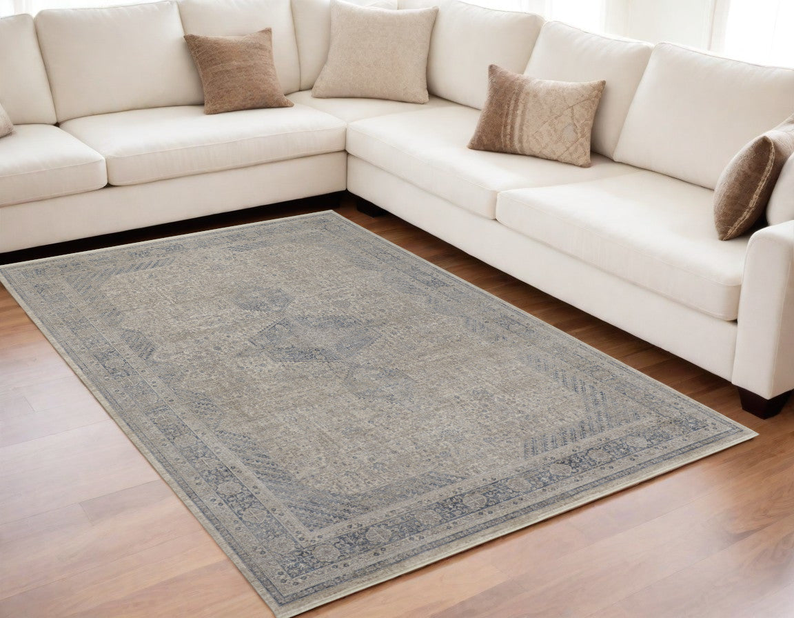 5 x 7 Gray Blue & Taupe Oriental Power Loom Rug With Fringe