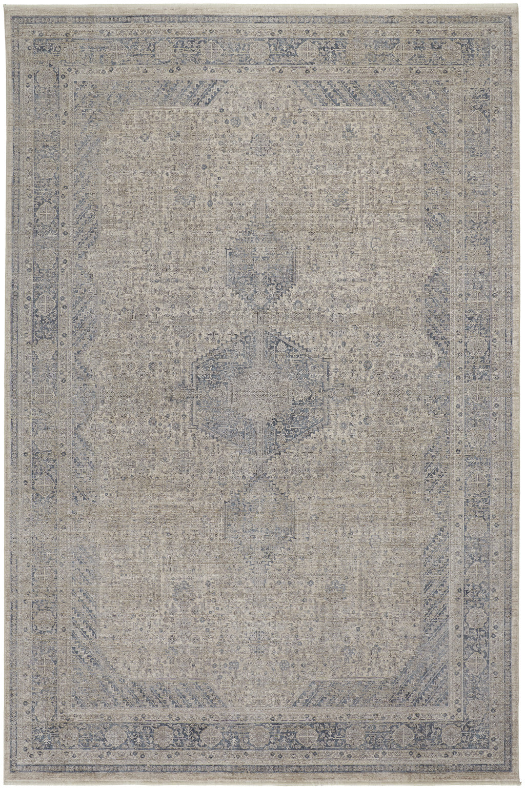 12 x 15 Gray Blue & Taupe Oriental Power Loom Rug With Fringe