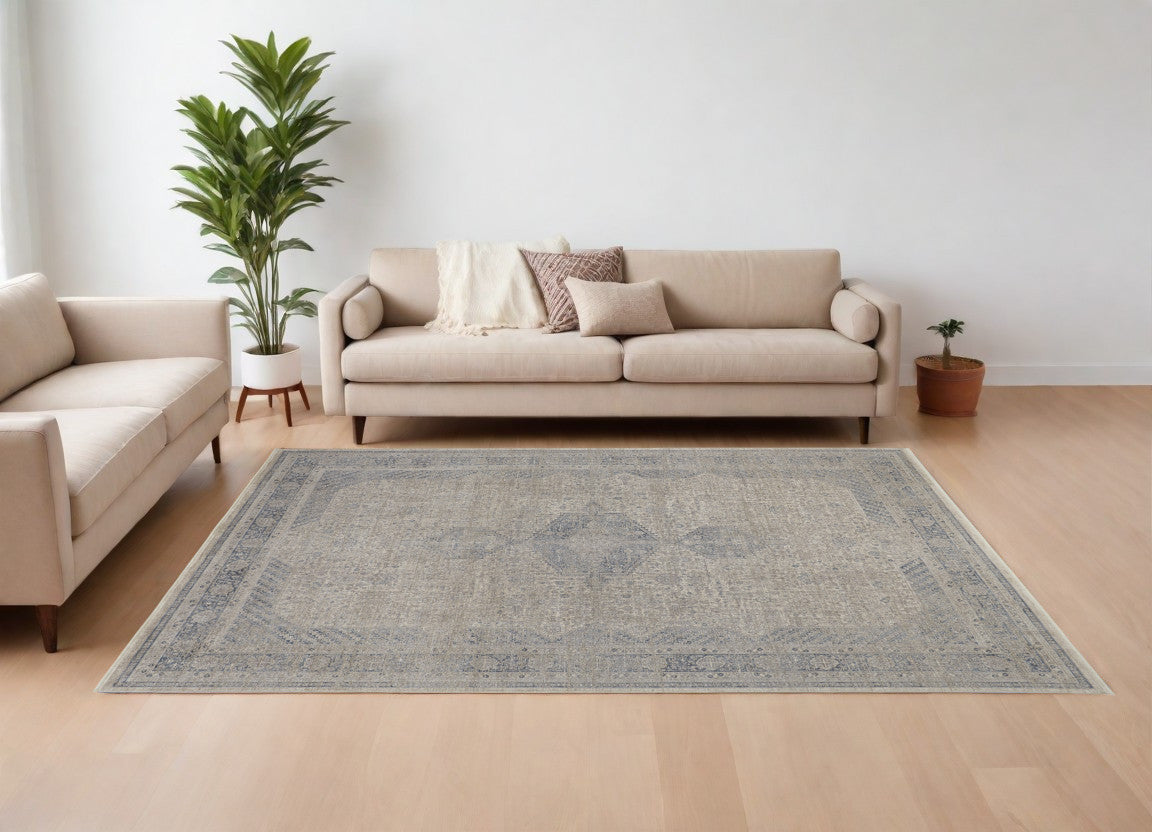 12 x 15 Gray Blue & Taupe Oriental Power Loom Rug With Fringe