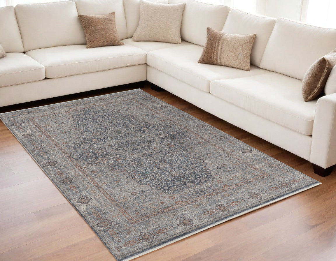 5 x 7 Gray Blue & Red Oriental Power Loom Rug With Fringe