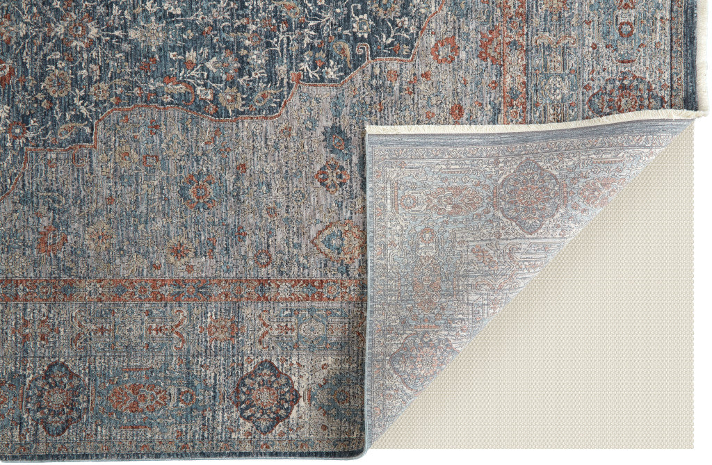 5 x 7 Gray Blue & Red Oriental Power Loom Rug With Fringe