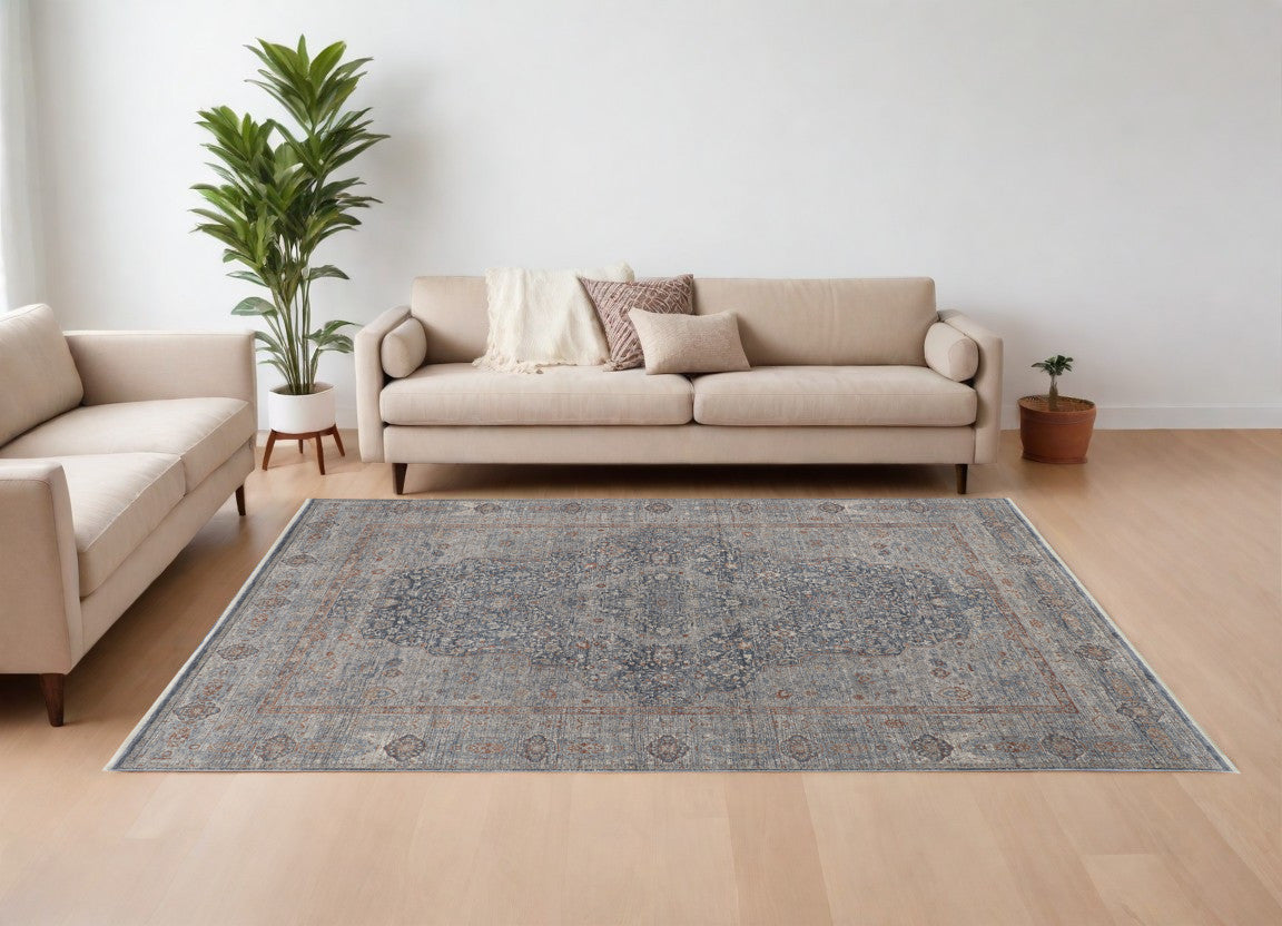 12 x 15 Gray Blue & Red Oriental Power Loom Rug With Fringe