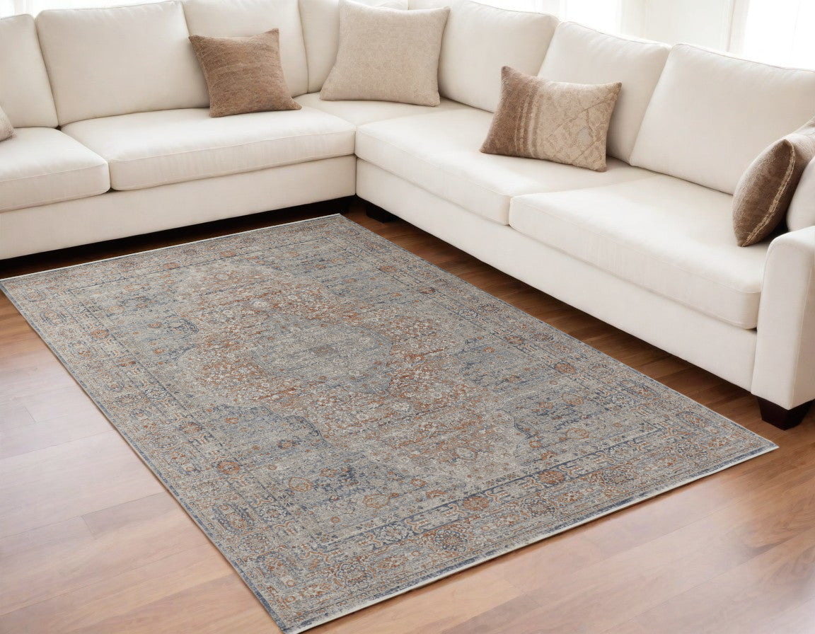 5 x 7 Gray Ivory & Orange Oriental Power Loom Rug With Fringe