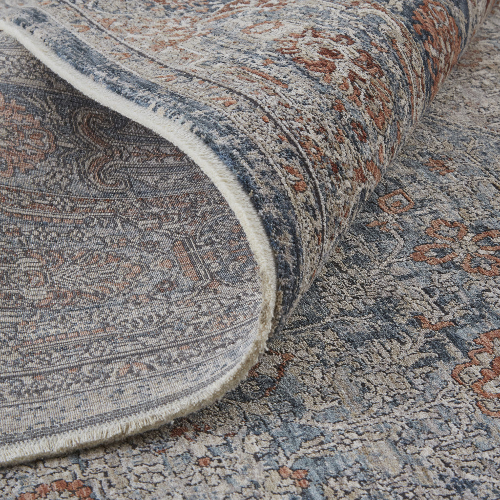 8 x 10 Gray Ivory & Orange Oriental Power Loom Rug With Fringe
