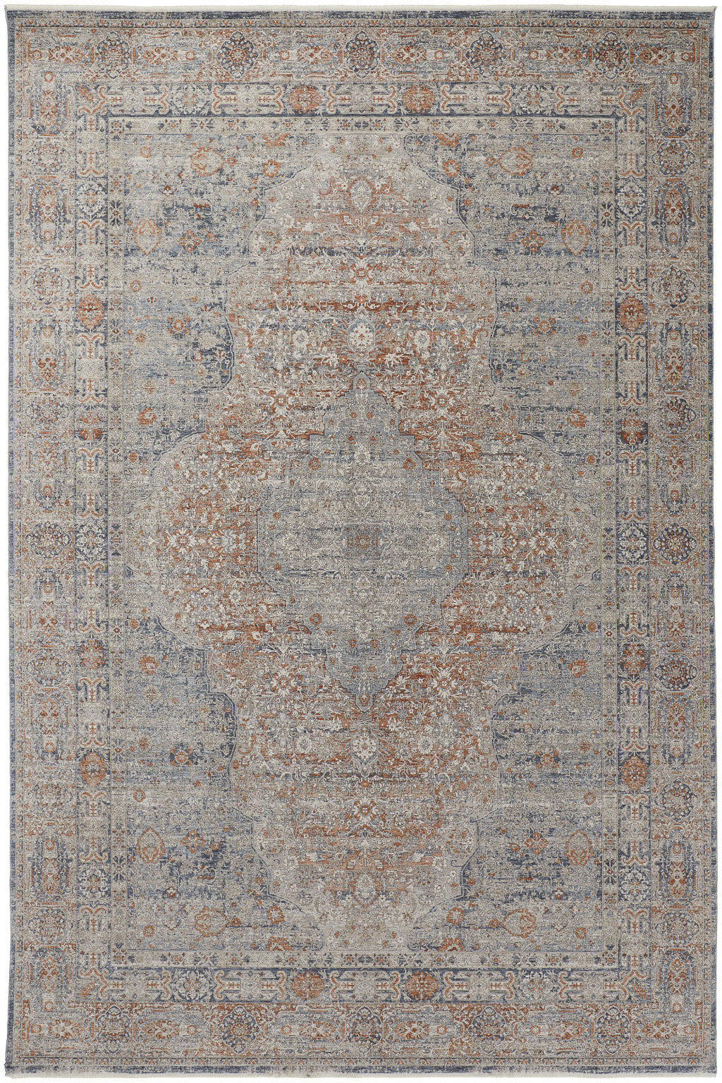 12 x 15 Gray Ivory & Orange Oriental Power Loom Rug With Fringe