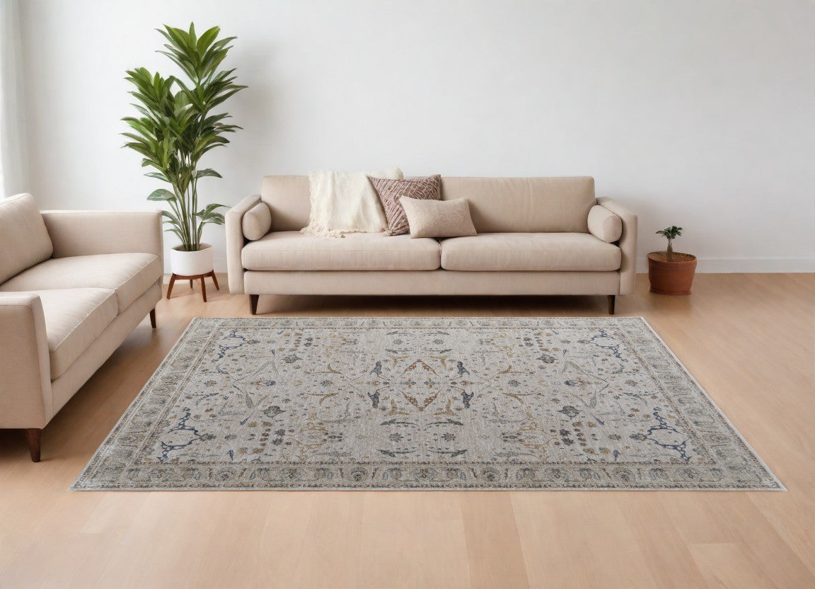 8 x 10 Gray Blue & Red Ikat Power Loom Rug With Fringe