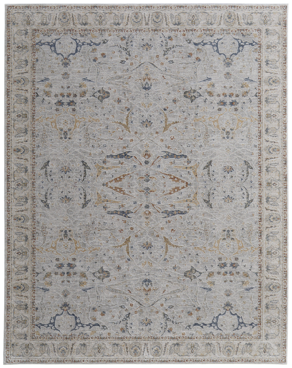 8 x 10 Gray Blue & Red Ikat Power Loom Rug With Fringe
