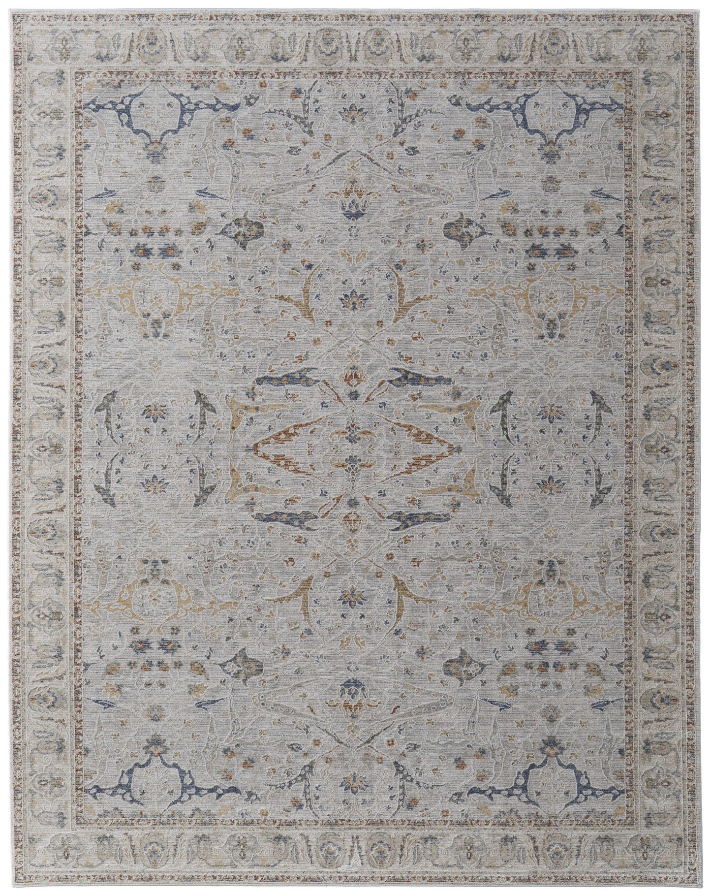 8 x 10 Gray Blue & Red Ikat Power Loom Rug With Fringe