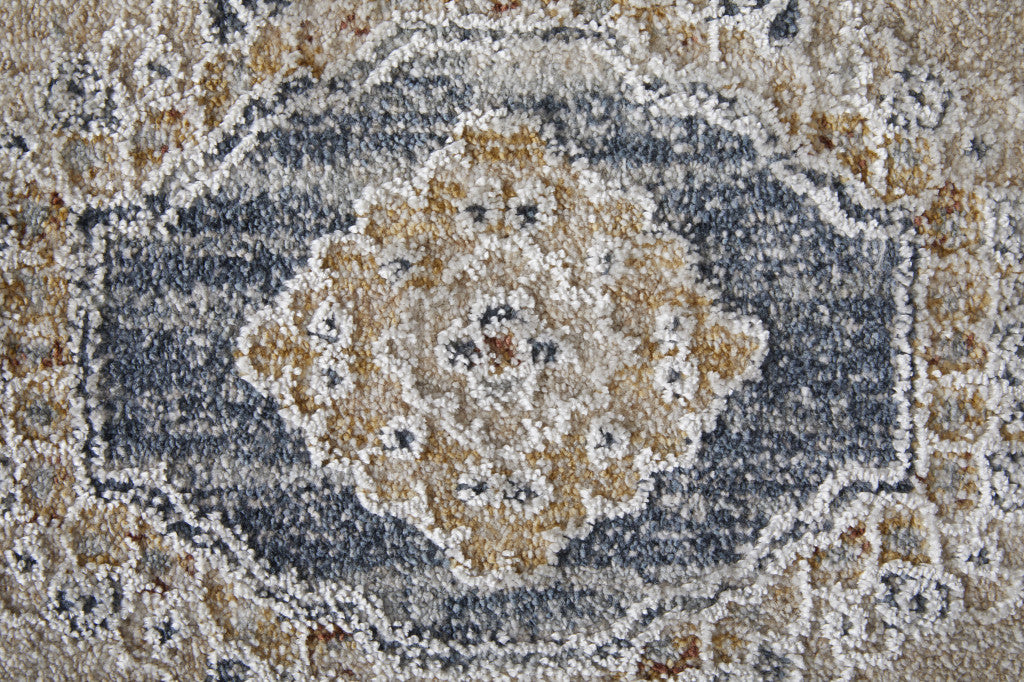 8 x 10 Ivory Taupe & Blue Oriental Power Loom Rug With Fringe