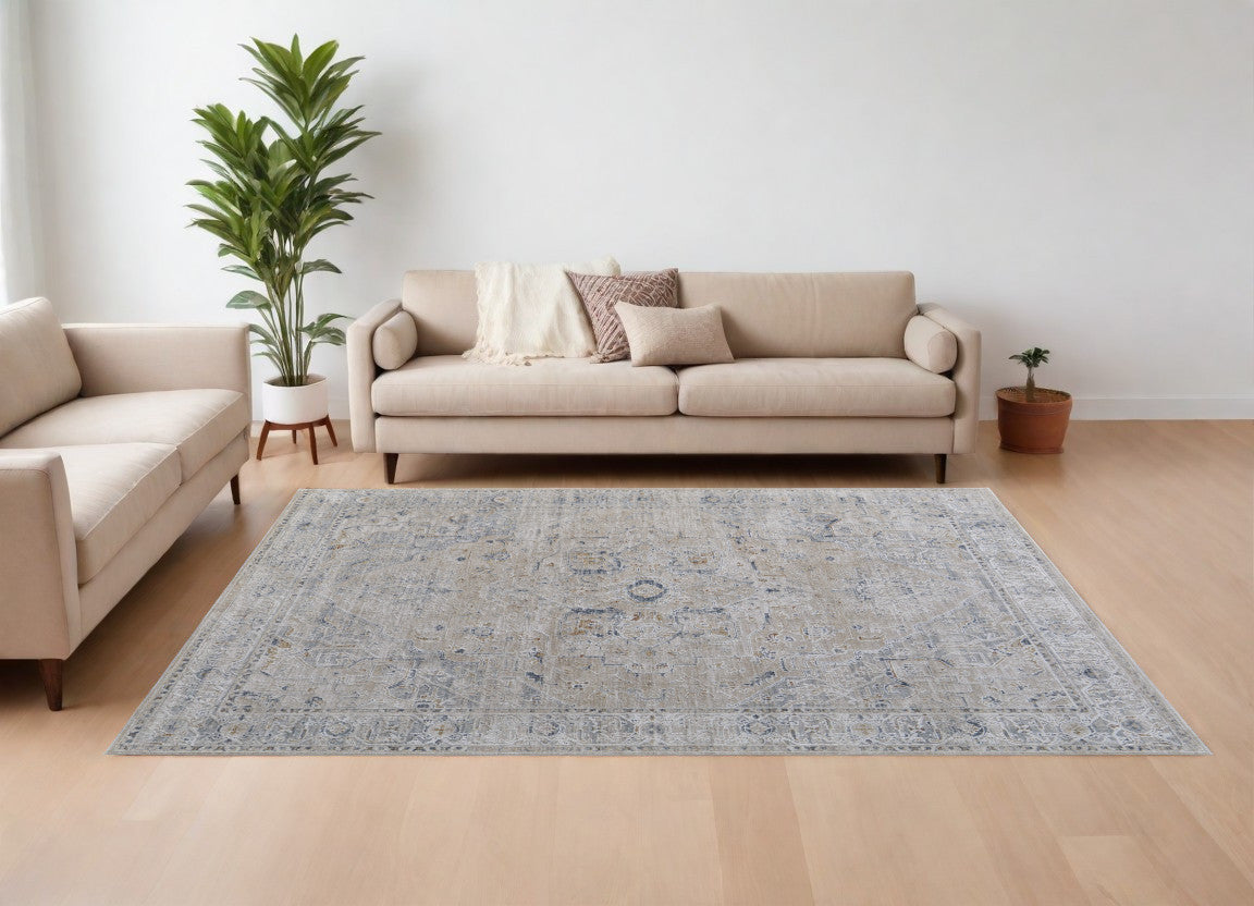 8 x 10 Ivory Taupe & Blue Oriental Power Loom Rug With Fringe