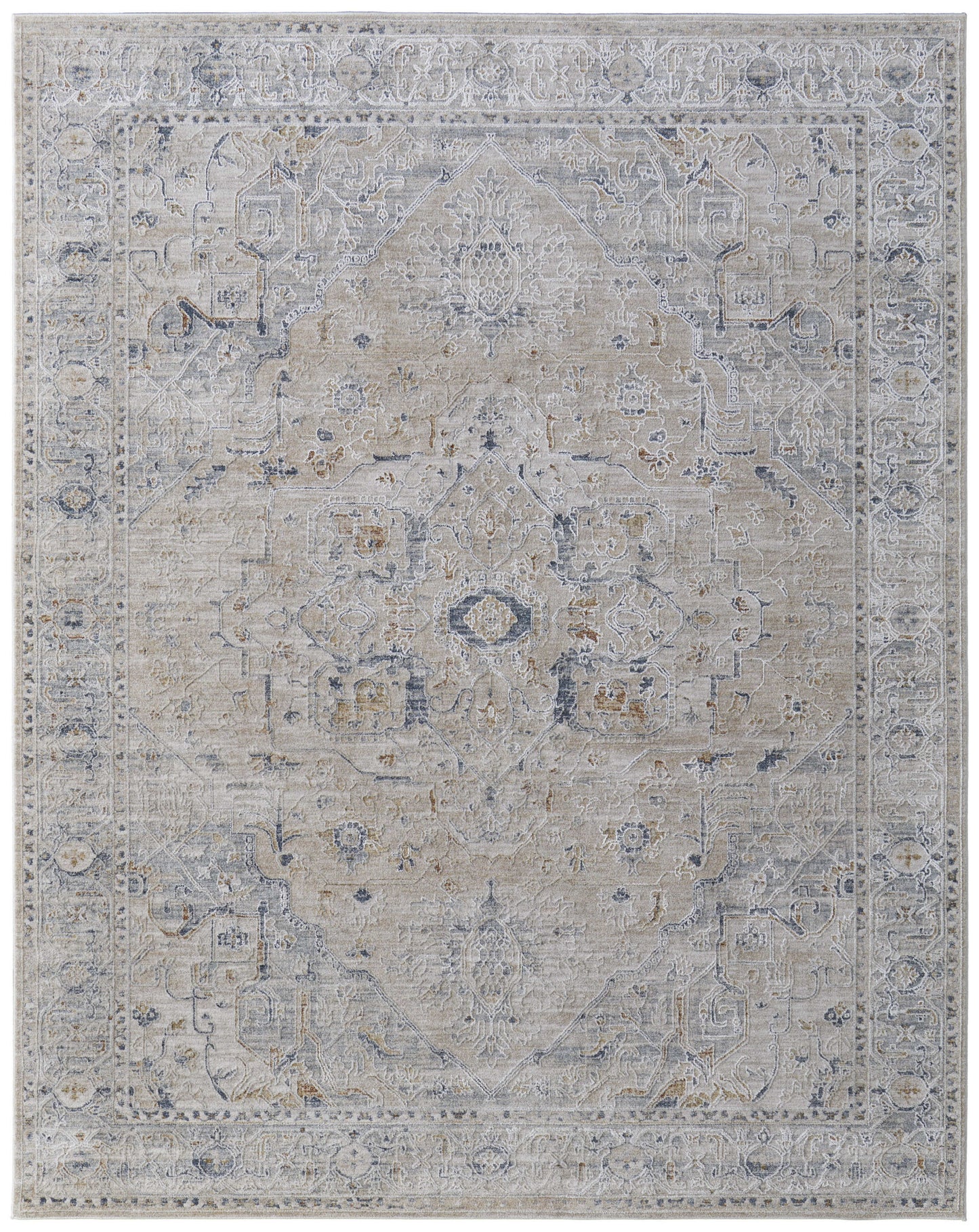 8 x 10 Ivory Taupe & Blue Oriental Power Loom Rug With Fringe