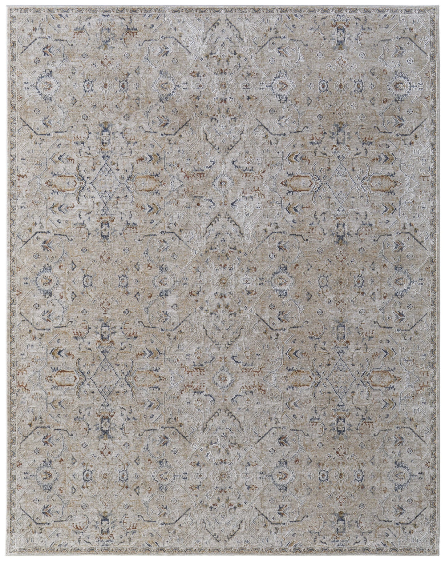 8 x 10 Ivory Taupe & Blue Power Loom Rug With Fringe