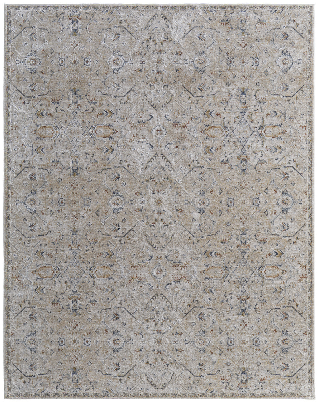 8 x 10 Ivory Taupe & Blue Power Loom Rug With Fringe