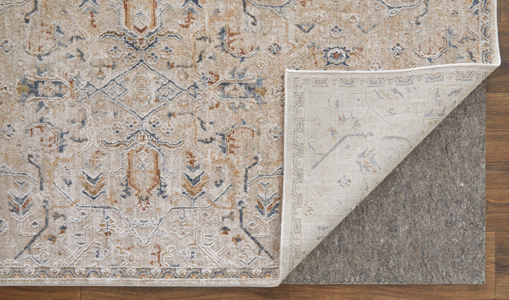 8 x 10 Ivory Taupe & Blue Power Loom Rug With Fringe