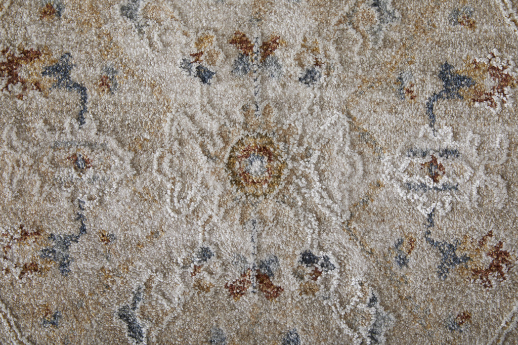 8 x 10 Ivory Taupe & Blue Power Loom Rug With Fringe