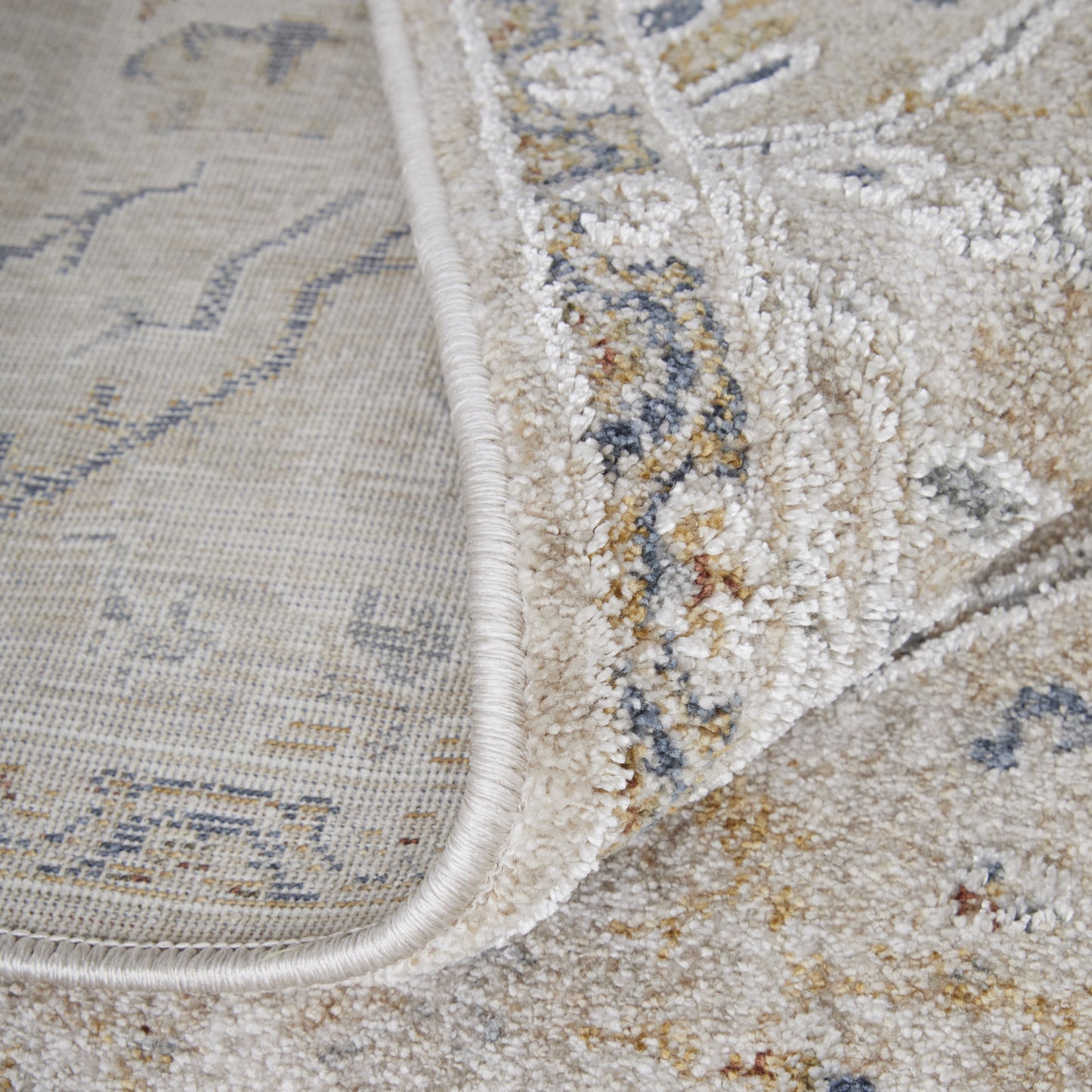 8 x 10 Ivory Taupe & Blue Power Loom Rug With Fringe