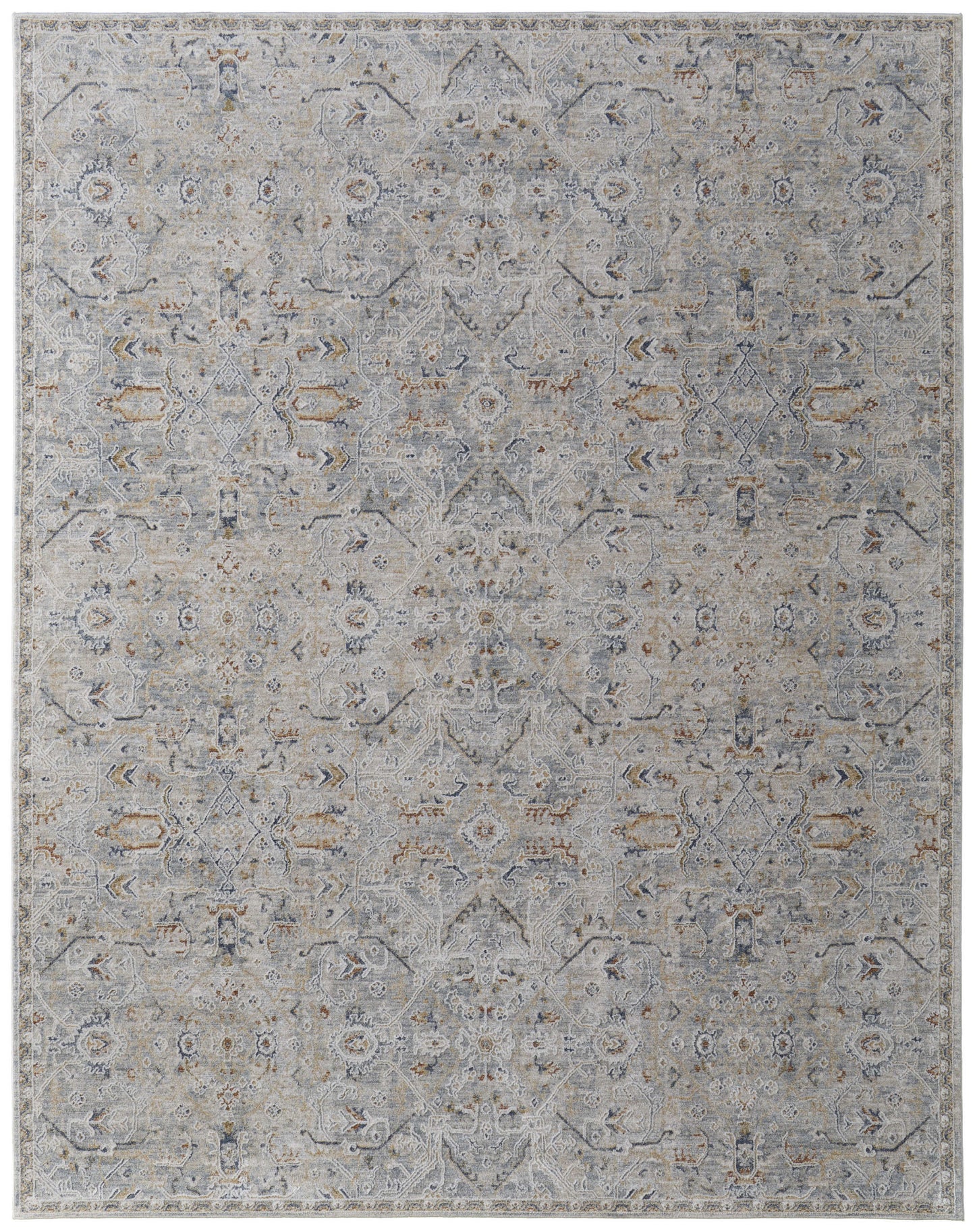 8 x 10 Ivory Tan & Blue Power Loom Rug With Fringe