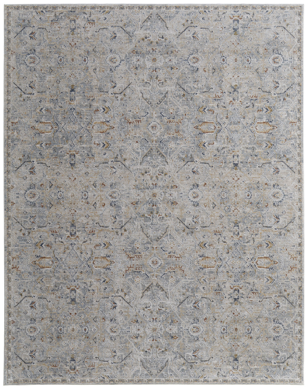 8 x 10 Ivory Tan & Blue Power Loom Rug With Fringe