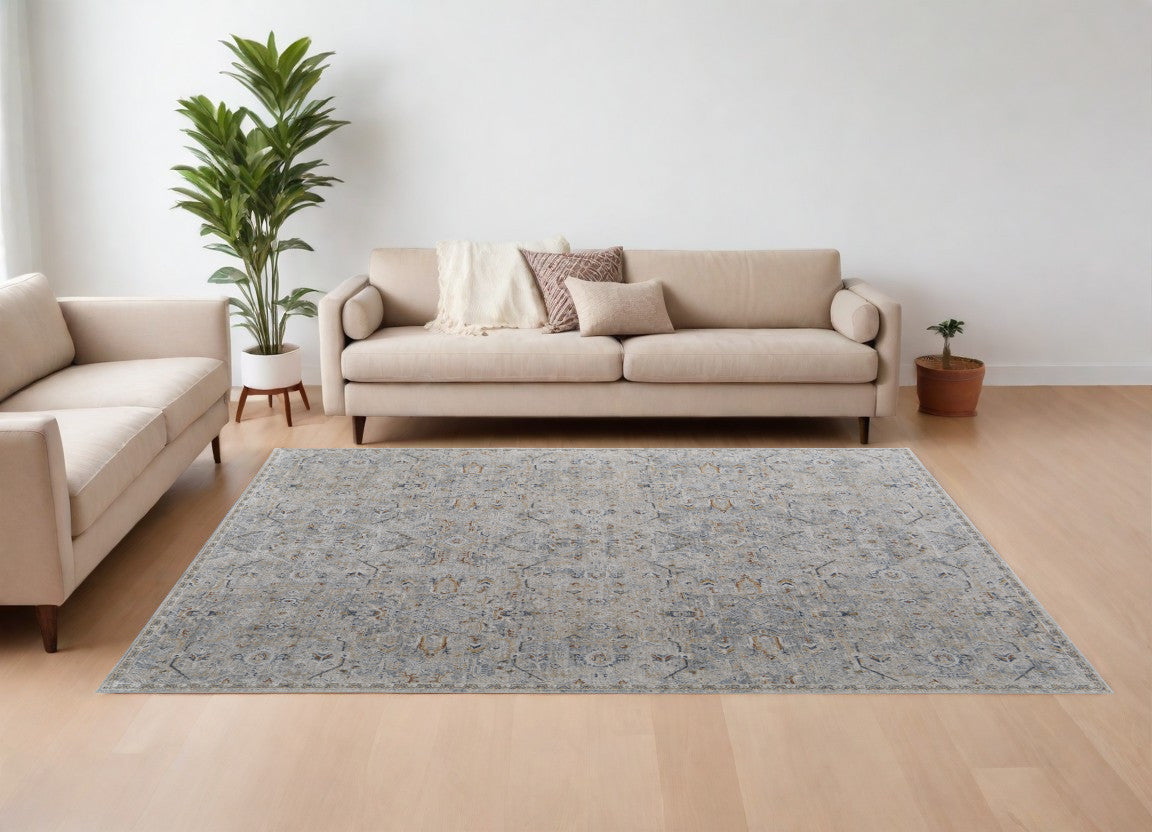 8 x 10 Ivory Tan & Blue Power Loom Rug With Fringe