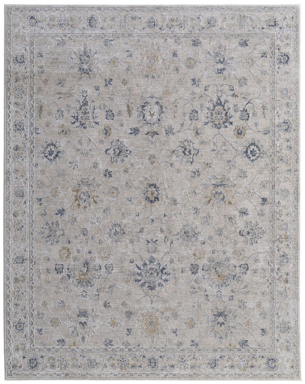 8 x 10 Ivory Taupe & Blue Floral Power Loom Rug With Fringe