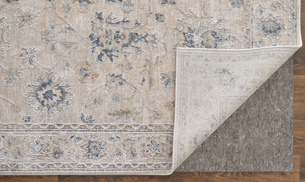 8 x 10 Ivory Taupe & Blue Floral Power Loom Rug With Fringe