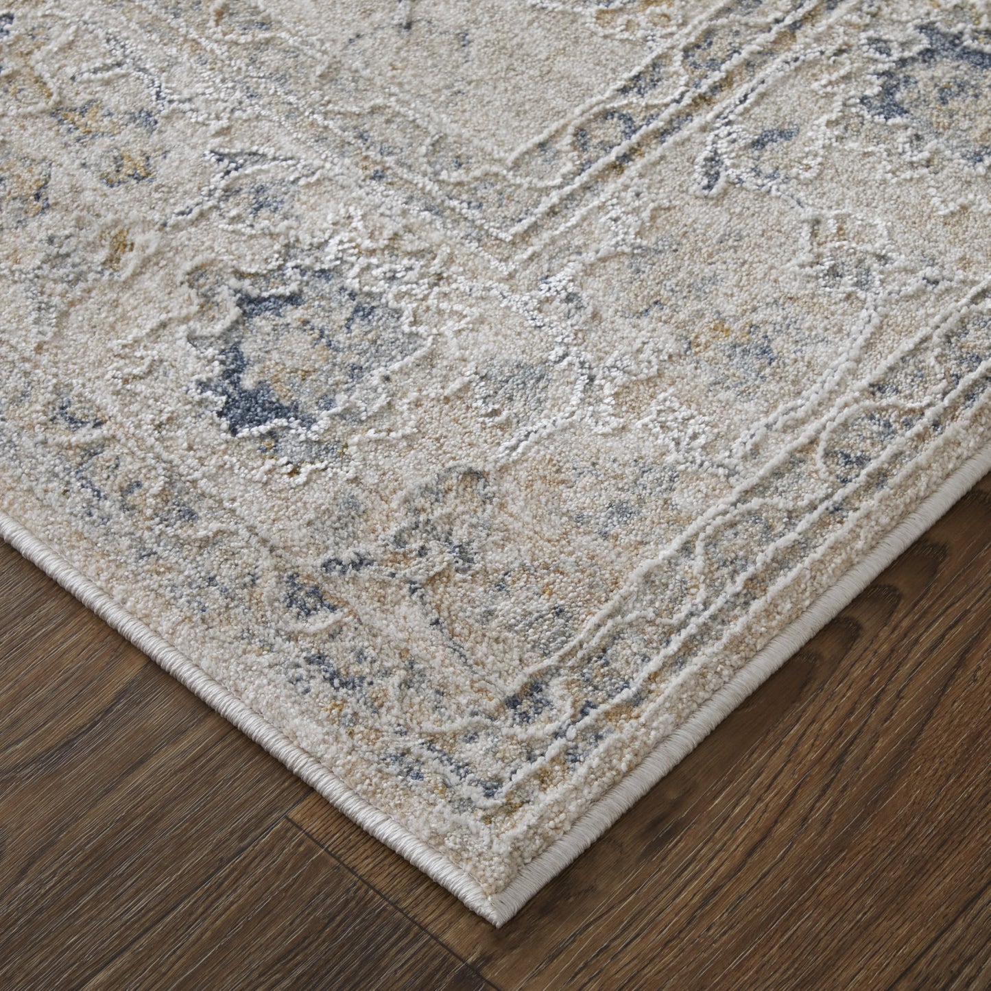 8 x 10 Ivory Taupe & Blue Floral Power Loom Rug With Fringe