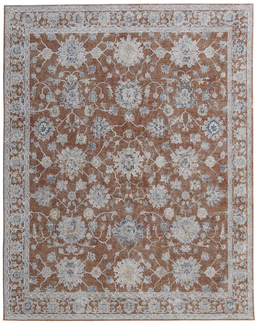 8 x 10 Red Blue & Ivory Floral Power Loom Rug With Fringe