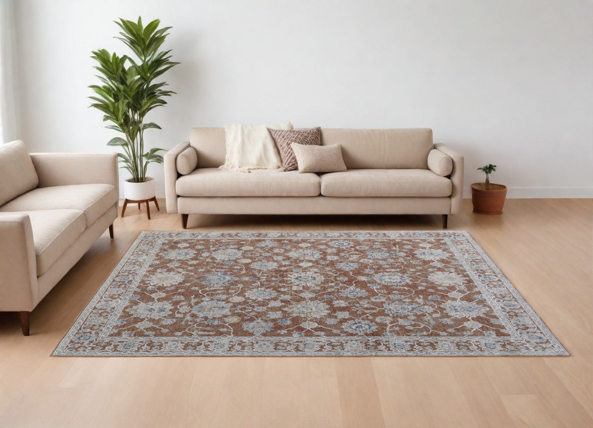 8 x 10 Red Blue & Ivory Floral Power Loom Rug With Fringe