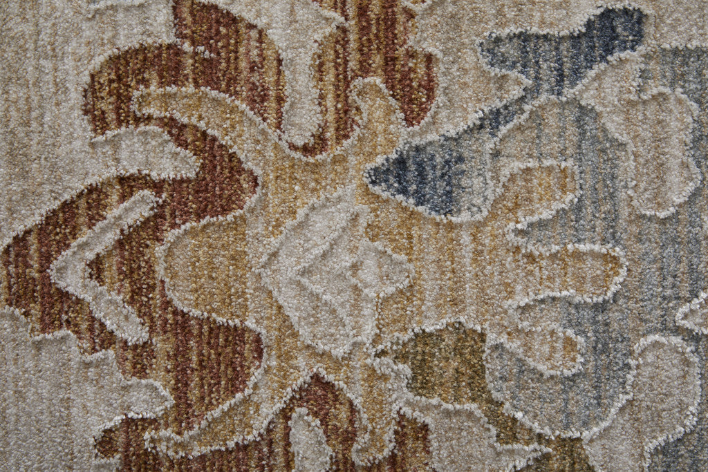 8 x 10 Ivory Blue & Gold Floral Power Loom Rug With Fringe