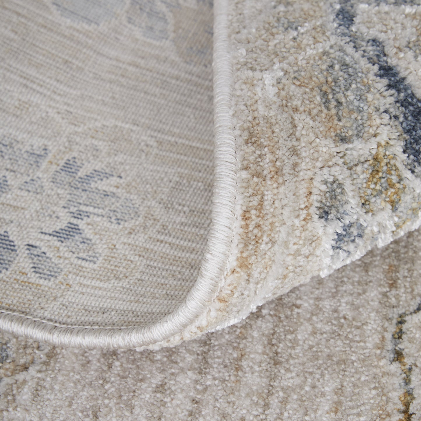 8 x 10 Ivory Taupe & Blue Floral Power Loom Rug With Fringe