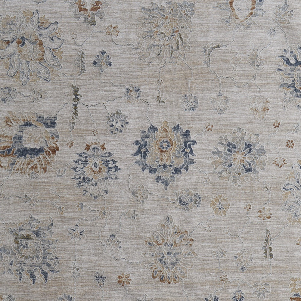 8 x 10 Ivory Taupe & Blue Floral Power Loom Rug With Fringe