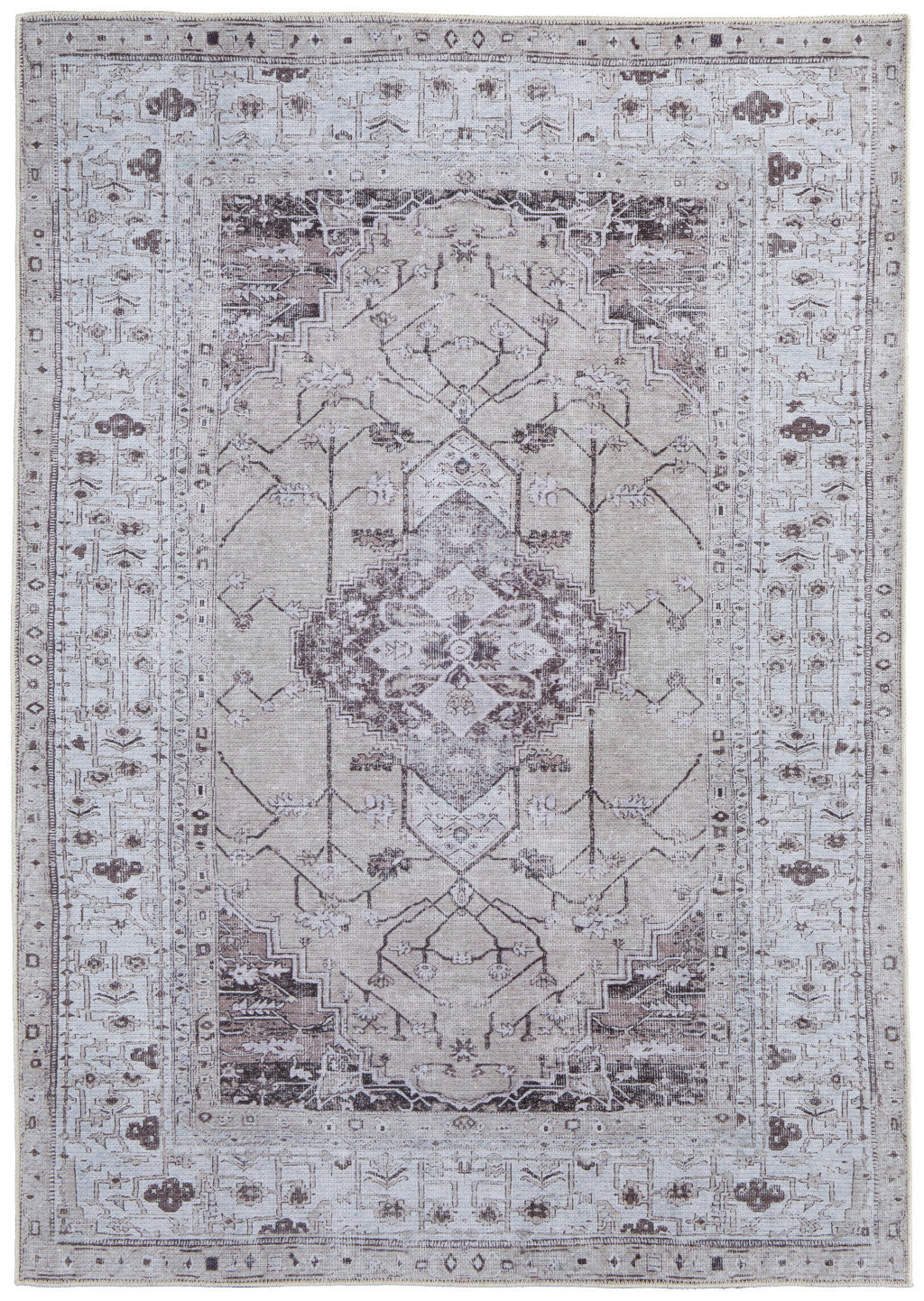 9 x 12 Gray Tan & Ivory Oriental Power Loom Washable Rug