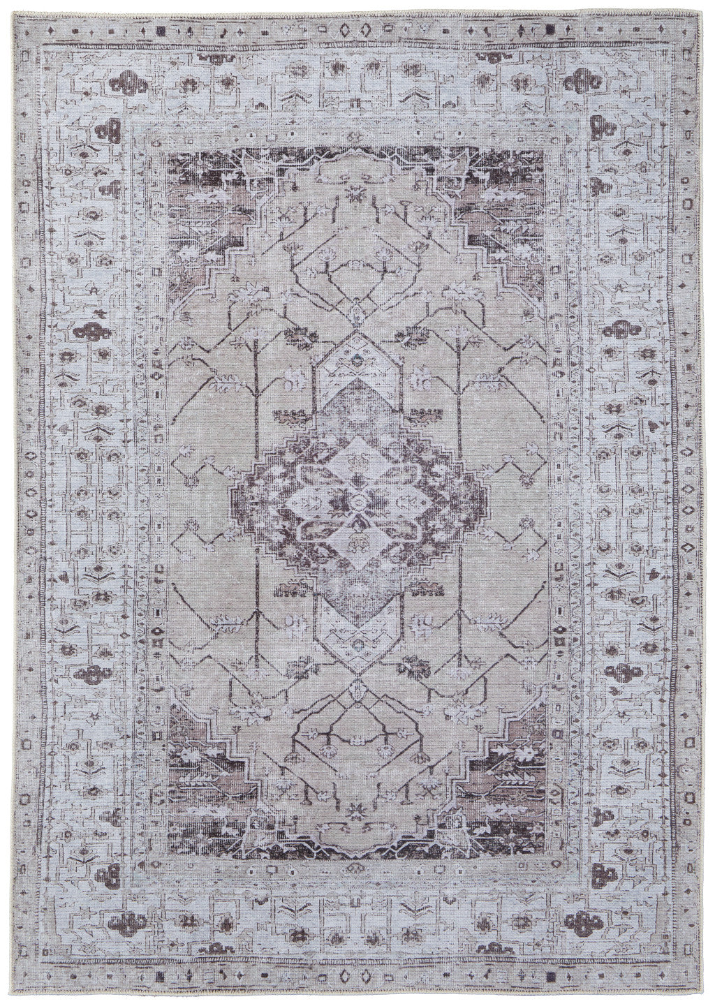 9 x 12 Gray Tan & Ivory Oriental Power Loom Washable Rug