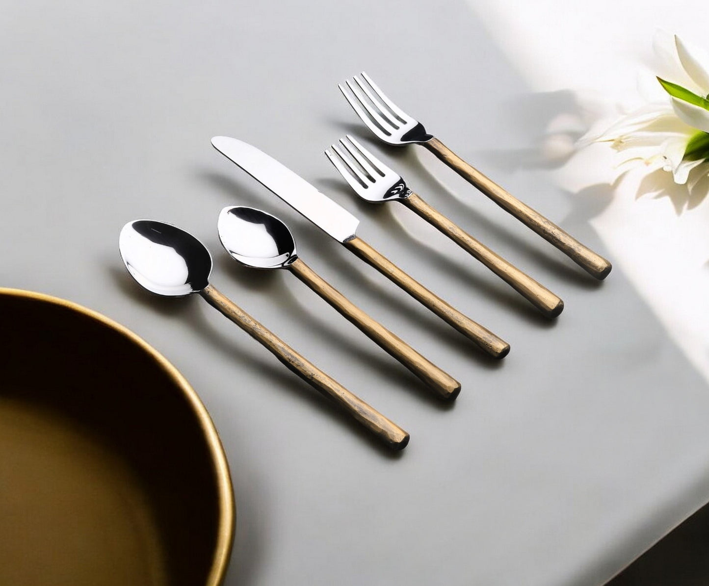 Matte Gold Stainless Steel 5-Piece Hand Forged Flatware Set