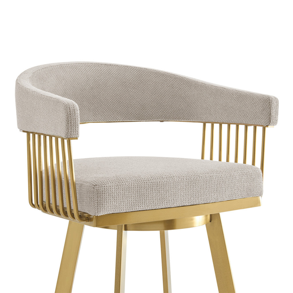 Taupe & Gold Fabric & Stainless Steel Low Back Bar Height Swivel Bar Chair