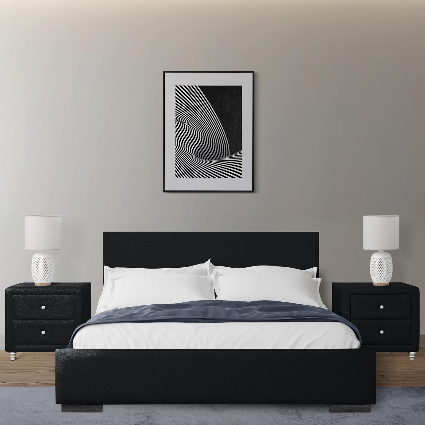 Black Wood Upholstered Queen Bed Frame