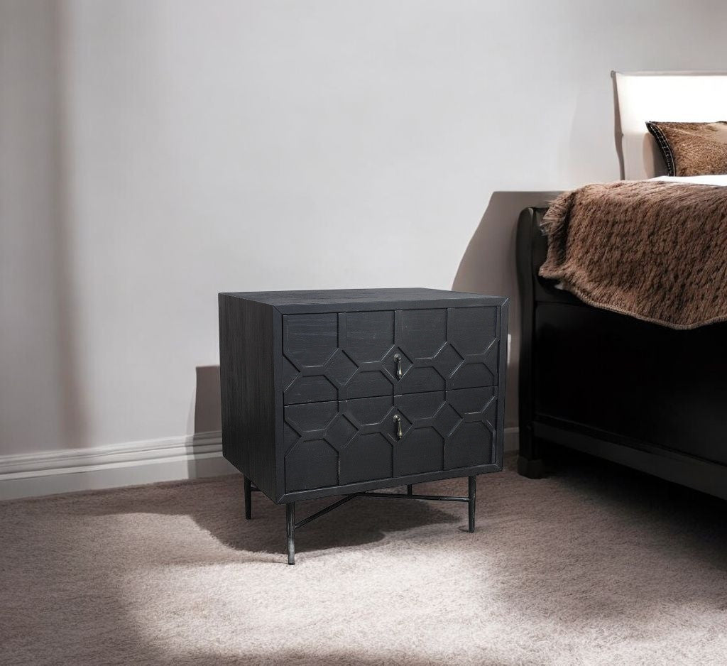 Distressed Black 2 Drawer Solid Wood Nightstand